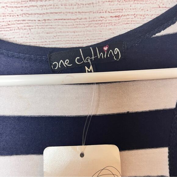 One Clothing Women's Sleeveless Racerback Striped Front Pocket Navy Stripe Dress - Picture 9 of 11